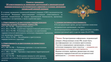 Памятка об ответственности за совершение преступлений и правонарушений террористического и экстремистского характера в условиях проведения специальной военной операции Памятка об ответственности за совершение преступлений и правонарушений террористического и экстремистского характера в условиях проведения специальной военной операции.